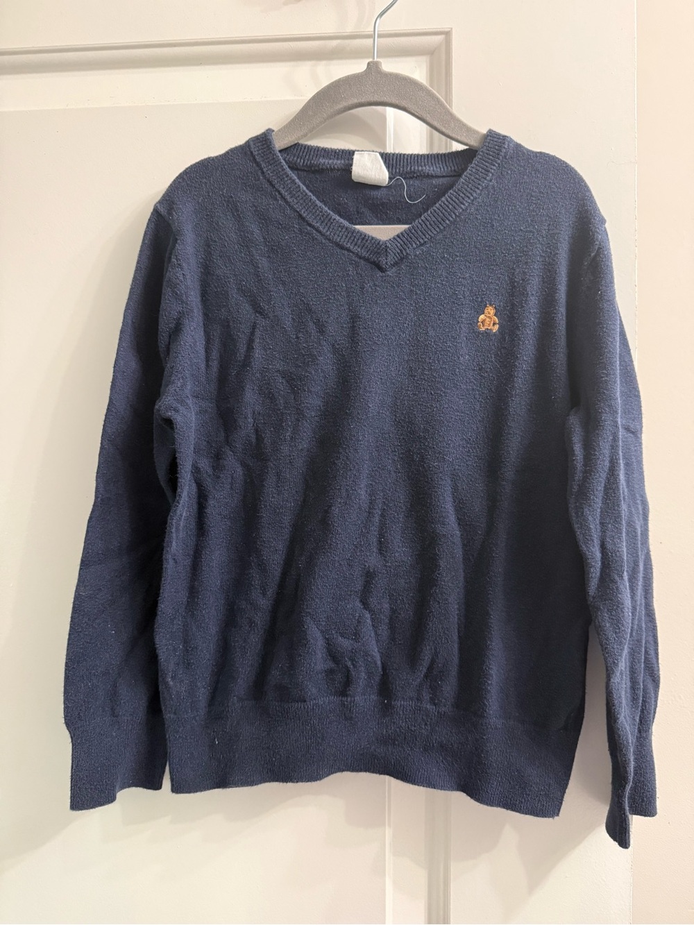 GAP Kids Navy V-Neck Sweater with Bear Embroidered Logo
